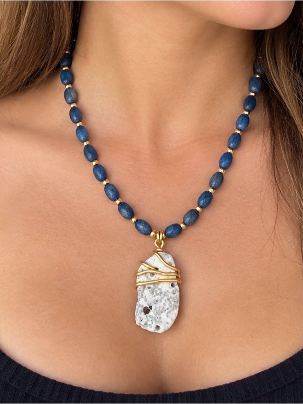 Blue Beaded Necklace with White Stone Pendant